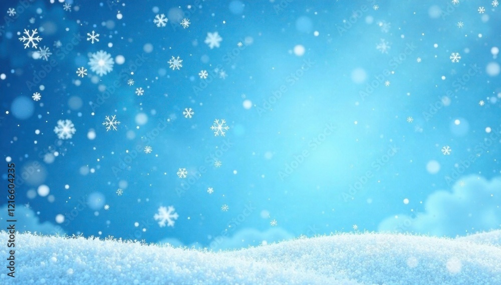 Fototapeta premium Delicate Snowflakes fall gently on a serene blue sky, calm, blue, watercolor