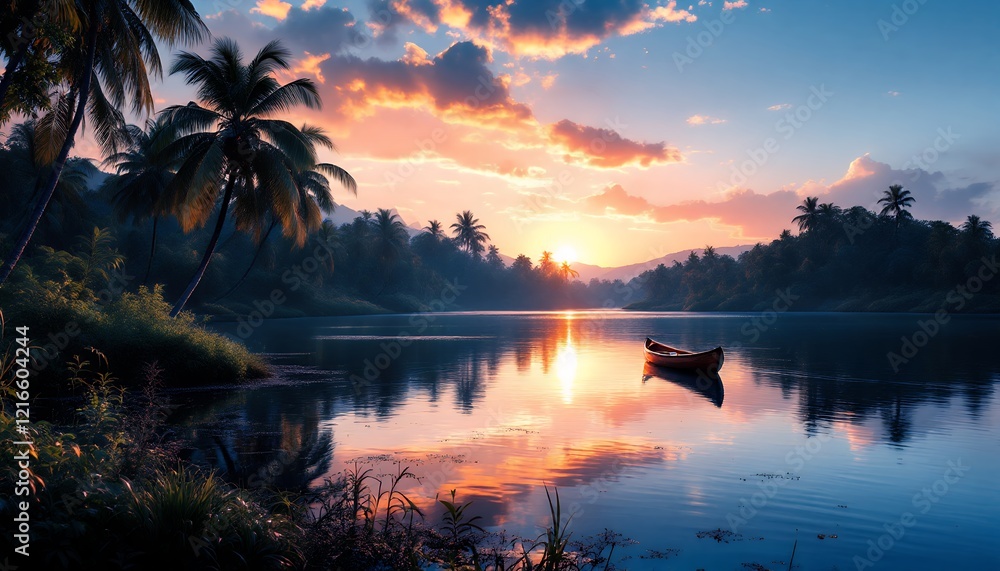 Serene Sunset over Tropical Lake with Canoe Serene Sunset over Tropical Lake with Canoe
