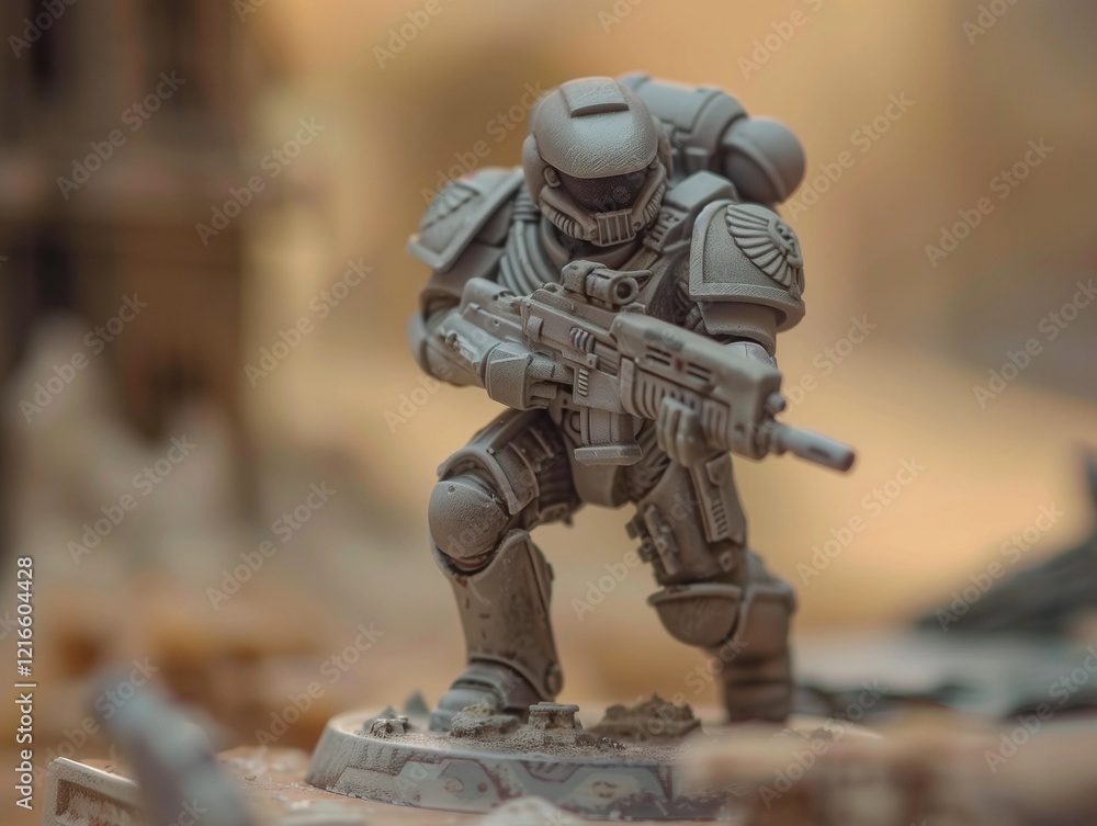 Sci-fi tabletop wargaming miniature, with power armor and rifle, not painted Sci-fi tabletop wargaming miniature, with power armor and rifle, not painted