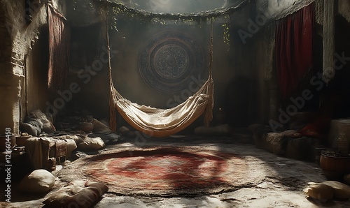 Serene Hammock in a Dusty, Ancient Room: A Sunlit Mediterranean Scene photo