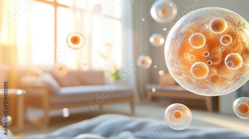 Microscopic air pollutants concept. Floating cells in a bright, cozy indoor setting with soft furnishings