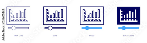 Marketing video icon in 4 different styles. Thin Line, Line, Bold, and Bold Line. Duotone style. Editable stroke