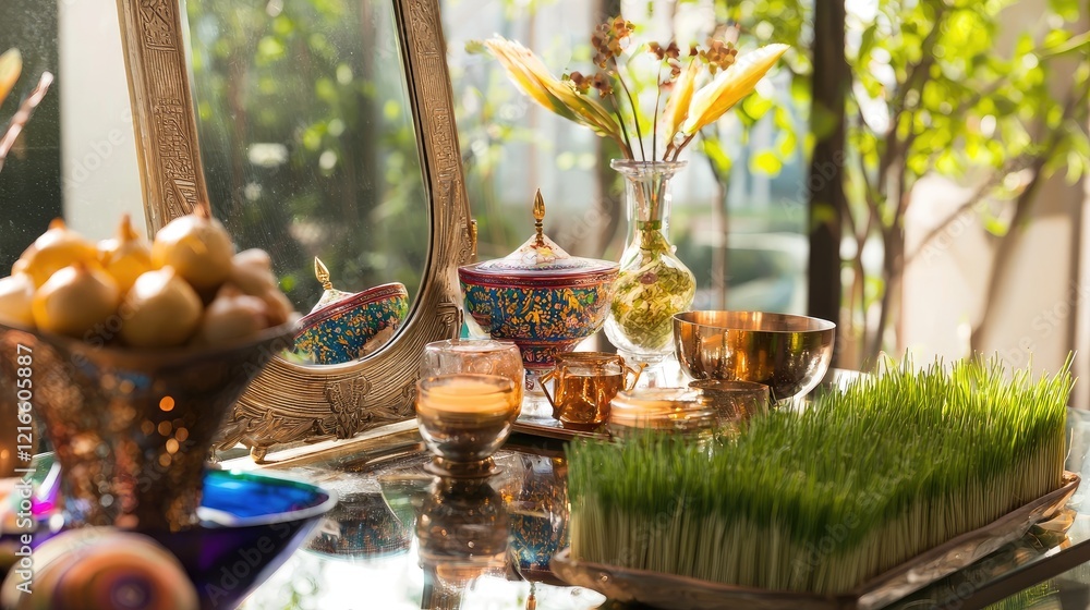 Nowruz Haft-Sin table display with wheatgrass Nowruz Haft-Sin table display with wheatgrass