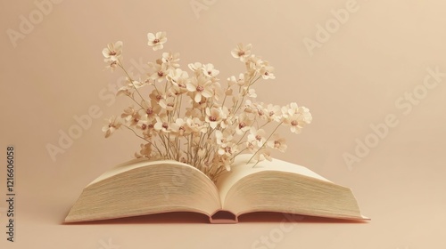 Open book with flowers, beige background, calm scene, reading concept