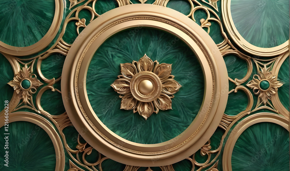 Fototapeta premium Elegant gold and green decorative pattern featuring floral motifs and intricate design details
