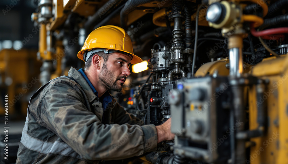 Focused Mechanic Inspecting Heavy Machinery Focused Mechanic Inspecting Heavy Machinery