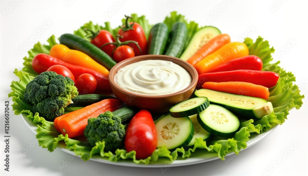 Colorful platter of fresh vegetables arranged around bowl of creamy dip. Sliced cucumbers carrots bell peppers tomatoes broccoli, lettuce displayed. Healthy, vibrant presentation of raw food. Ideal Colorful platter of fresh vegetables arranged around bowl of creamy dip. Sliced cucumbers carrots bell peppers tomatoes broccoli, lettuce displayed. Healthy, vibrant presentation of raw food. Ideal