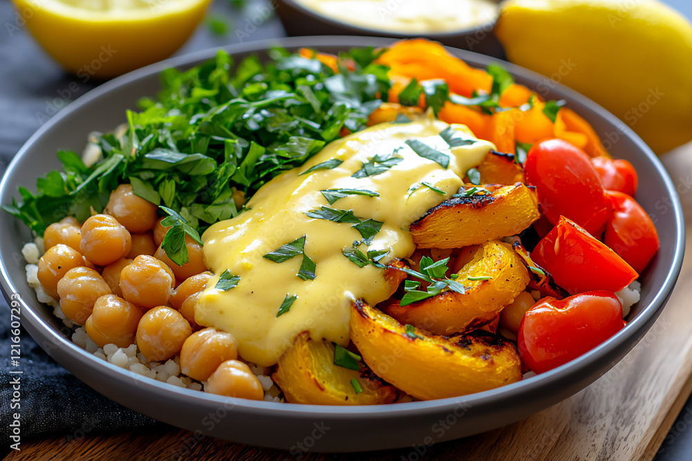 a vegan couscous bowl with roasted vegetables, chickpeas, a vegan couscous bowl with roasted vegetables, chickpeas,