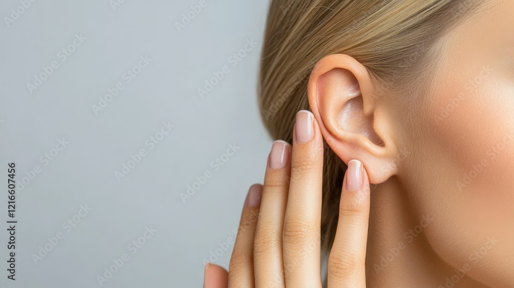 Close up of a young woman experiencing hearing loss, touching her ear and displaying signs of discomfort and concern for her auditory health and overall well being Close up of a young woman experiencing hearing loss, touching her ear and displaying signs of discomfort and concern for her auditory health and overall well being