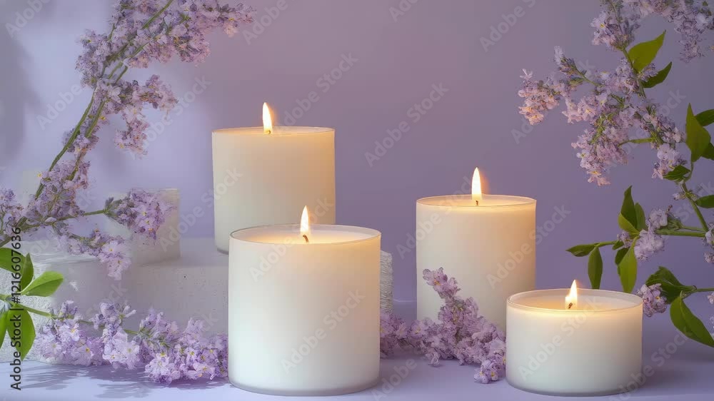 Lit white candles surrounded by lavender flowers in a calming arrangement. Lit white candles surrounded by lavender flowers in a calming arrangement.