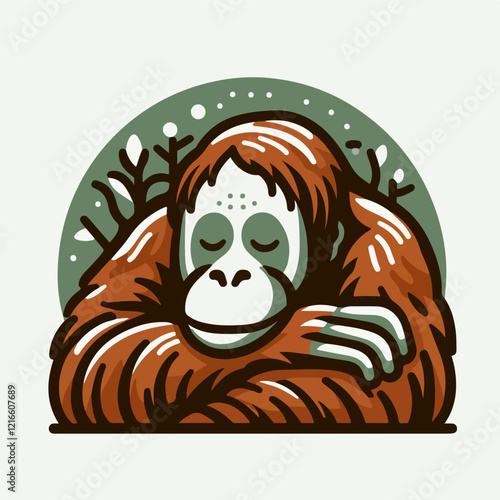 Peaceful Orangutan: A charming illustration of an orangutan resting peacefully, eyes closed, arms folded across its chest. The style is retro, with bold outlines and muted earth tones. photo