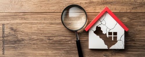 Household debt mortgage concept. A cracked house model next to a magnifying glass, symbolizing inspection or assessment of property damage. photo