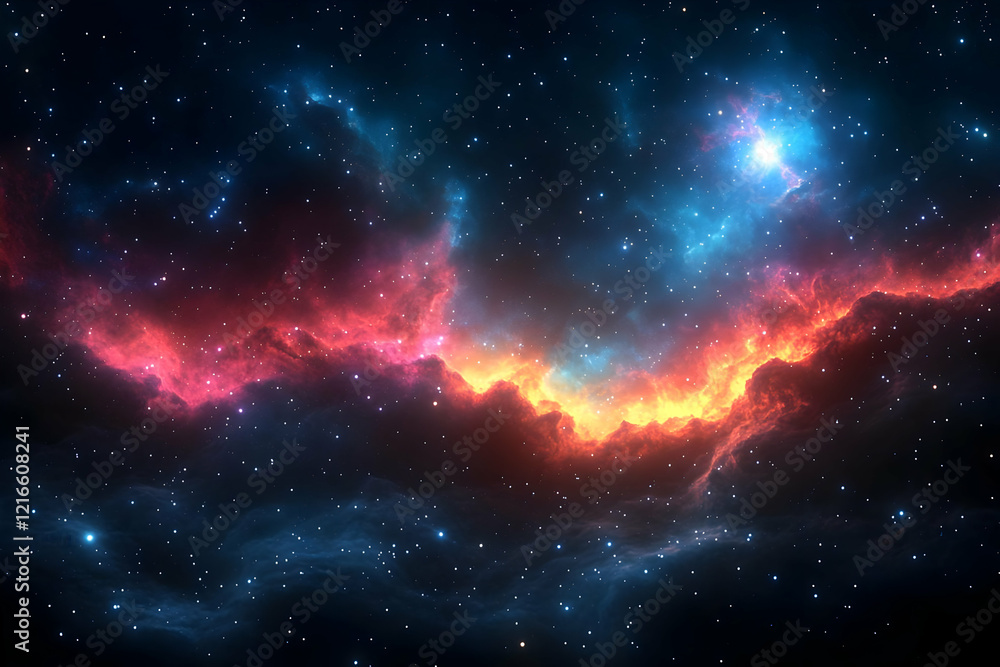 Fototapeta premium Cosmic Nebula with Vibrant Red, Blue, and Orange Hues in a Starry Night Sky