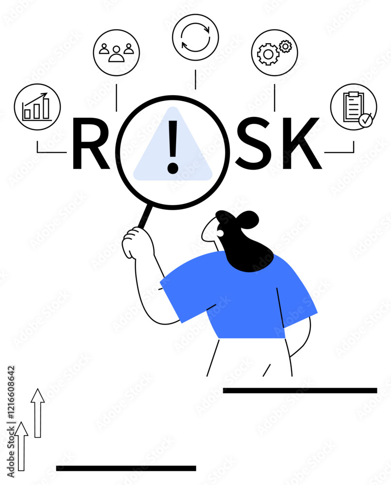 Person examining Risk word with magnifier and caution sign surrounded by icons for strategy, teamwork, analytics, and process. Ideal for risk management, analysis, business strategy, planning Person examining Risk word with magnifier and caution sign surrounded by icons for strategy, teamwork, analytics, and process. Ideal for risk management, analysis, business strategy, planning