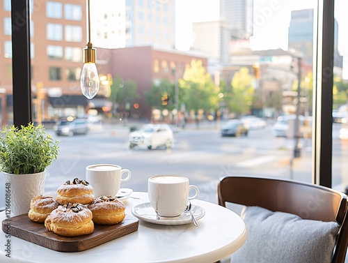 Bohemian boho lifestyle concept. A cozy café setting featuring coffee, pastries, and a vibrant street view through large windows creates a warm atmosphere. photo