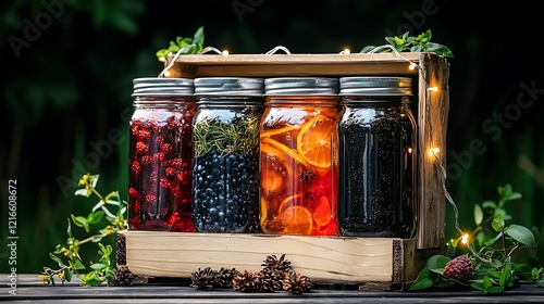 Homemade fruit infusions in jars, outdoor setting, summer background, for recipe blogs photo