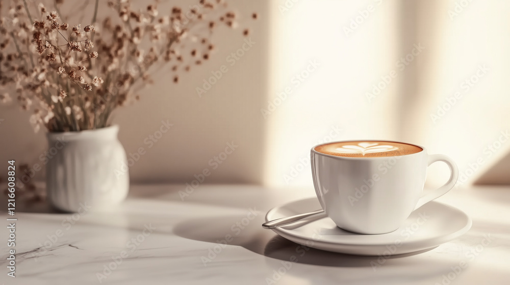 Delicately prepared cup of cappuccino with a delicate latte design on a white saucer placed on a marble surface with soft natural lighting and a vase with dried flowers in the background . Delicately prepared cup of cappuccino with a delicate latte design on a white saucer placed on a marble surface with soft natural lighting and a vase with dried flowers in the background .