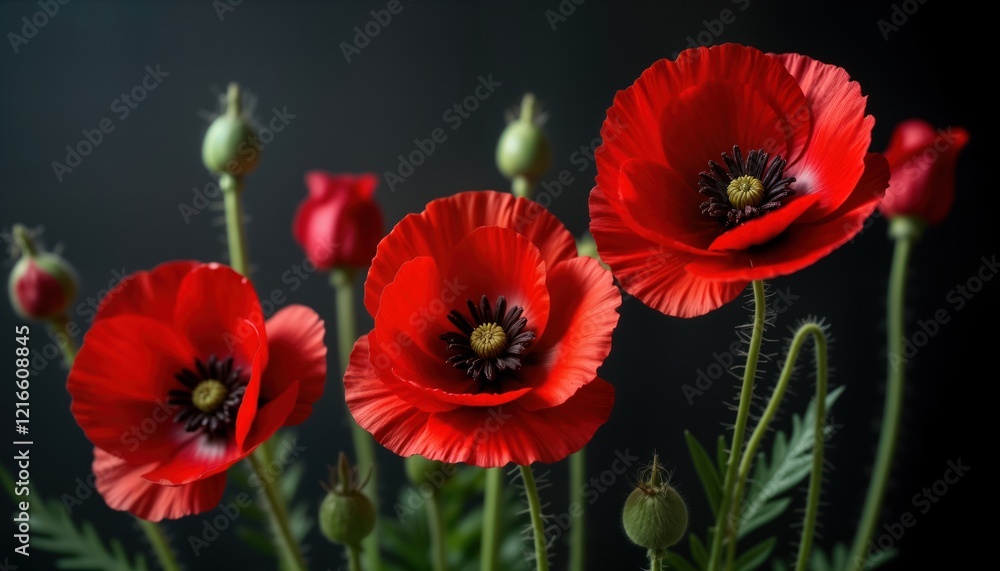 Obraz premium Red poppies bloom beautifully against dark background. Flowers symbolize remembrance for conflict. Image highlights peace, tribute, remembrance of war. Suitable for memorial day, Armistice Day.