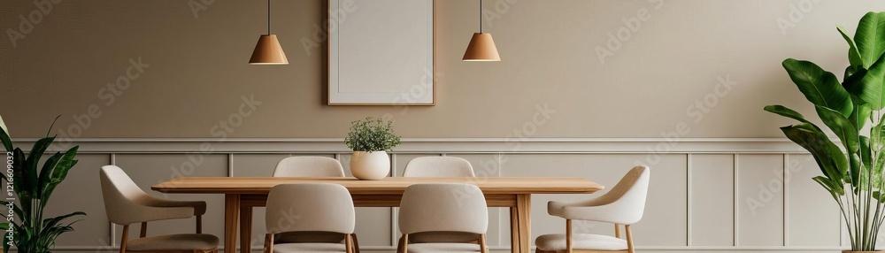 Neutral dining space featuring earthy tones, geometric patterns, and warm lighting Neutral dining space featuring earthy tones, geometric patterns, and warm lighting