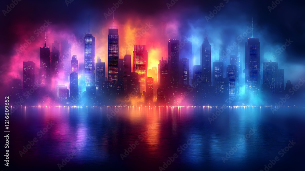 Vibrant Nightscape: Neon City Skyline Reflected in Dark Water Vibrant Nightscape: Neon City Skyline Reflected in Dark Water