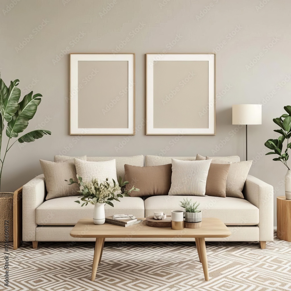 Neutral living area with earthy tones, geometric patterns, and minimalist accents Neutral living area with earthy tones, geometric patterns, and minimalist accents