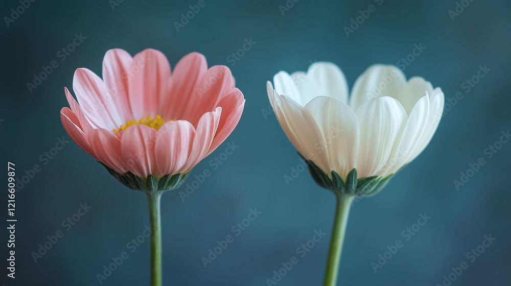 A pink daisy and a white daisy are displayed together, highlighting their unique colors and textures. The soft blue background enhances their beauty, creating a serene atmosphere. A pink daisy and a white daisy are displayed together, highlighting their unique colors and textures. The soft blue background enhances their beauty, creating a serene atmosphere.