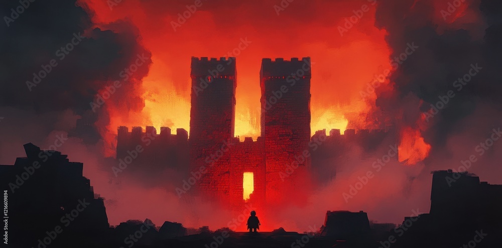 Obraz premium A lone figure stands before a fiery castle ruin