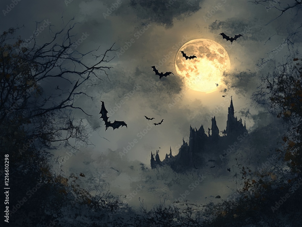 a spooky halloween castle with bats and a full moon a spooky halloween castle with bats and a full moon