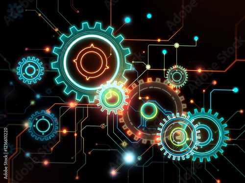 Complex network of glowing gears and circuitry representing advanced technology and innovation in a digital landscape