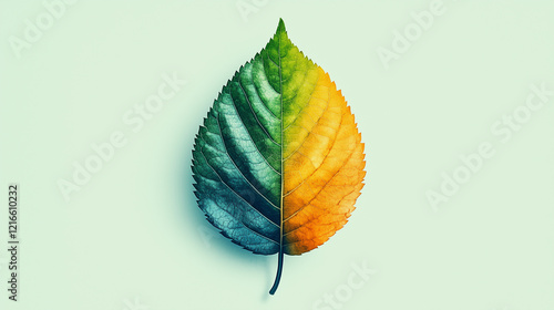 A leaf is positioned flat, revealing a striking gradient of colors from vibrant green on one side to bright yellow and orange on the other, illustrating the change of seasons. photo