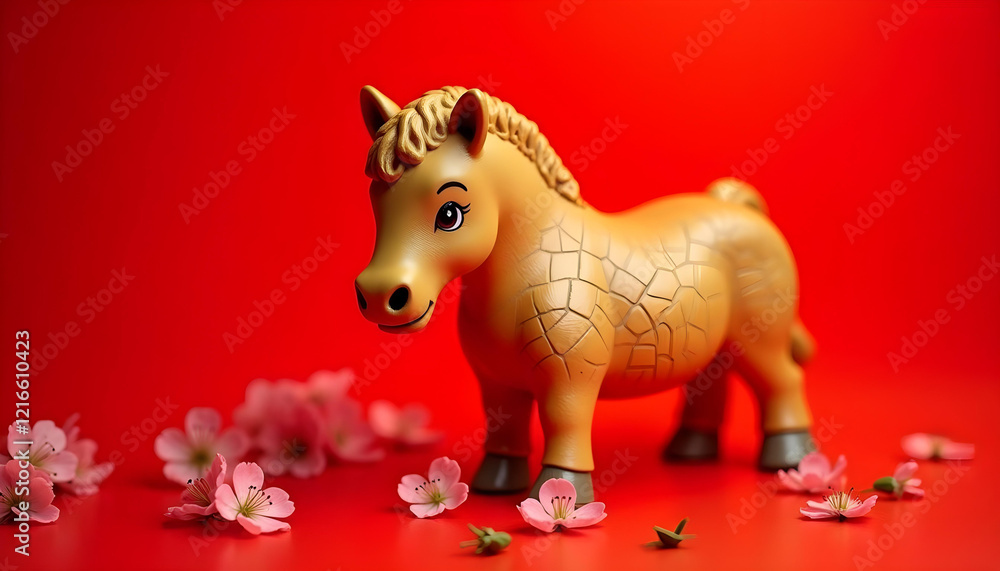 Fototapeta premium Año nuevo chino del caballo. Fondo rojo. Animal dorado, flores hibiscus asiáticas 