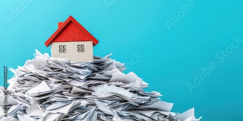 Household debt mortgage concept. A small house sits atop a mountain of paperwork, symbolizing the overwhelming nature of financial and administrative tasks. photo