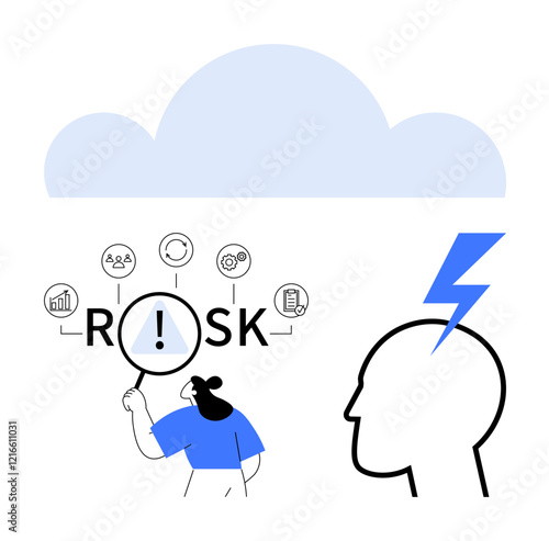 Person examining Risk with a magnifying glass surrounded by icons, a head silhouette with lightning bolt above, and a cloud representing technology. Ideal for strategy, analytics, innovation