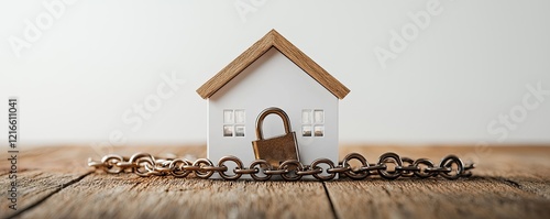 Household debt mortgage concept. A small house model secured with a padlock and chain on a wooden surface, symbolizing safety, security, and protection of property.