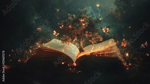 a magical open book with a glowing tree growing from its pages and butterflies fluttering around