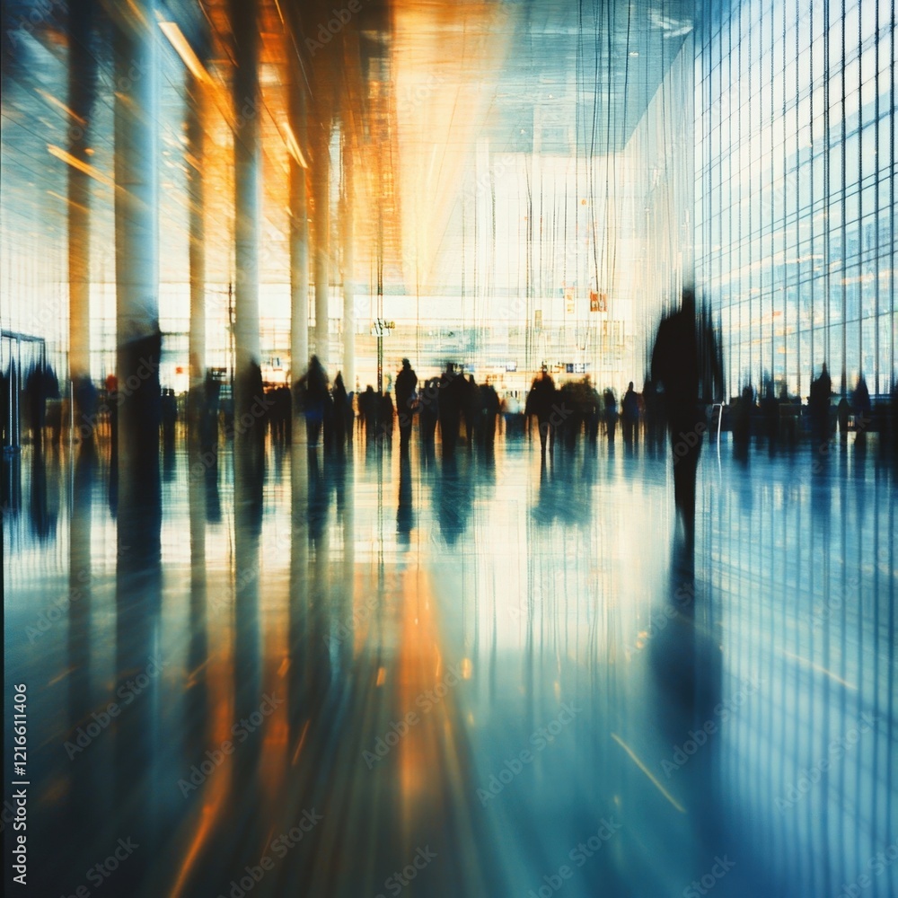 Obraz premium blurred motion of business people walking in modern office lobby
