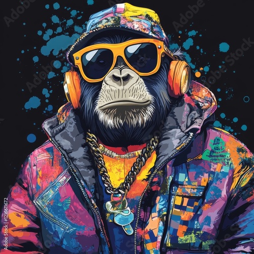 Cool Monkey in Colorful Jacket and Headphones