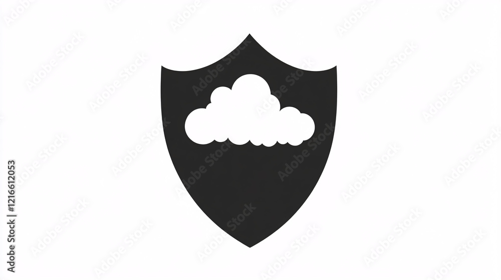 A simple black shield icon with a cutout cloud shape in the center on a white background representing security and cloud computing
A simple black shield icon with a cutout cloud shape in the center on a white background representing security and cloud computing