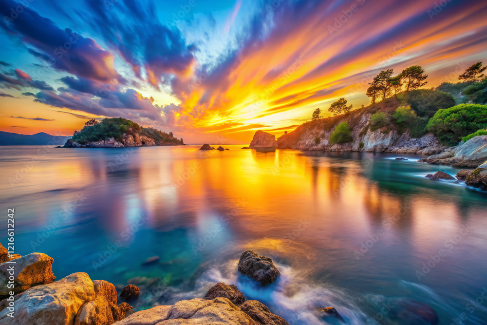 Breathtaking sunset over tranquil bay with vibrant colors and reflections Breathtaking sunset over tranquil bay with vibrant colors and reflections