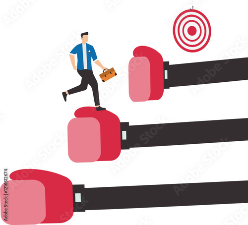 Success step to achieve business target by going through various obstacles, effort to reach goal or success, businessman climbs the ladder from the boxing glove obstacle course to the target board sto