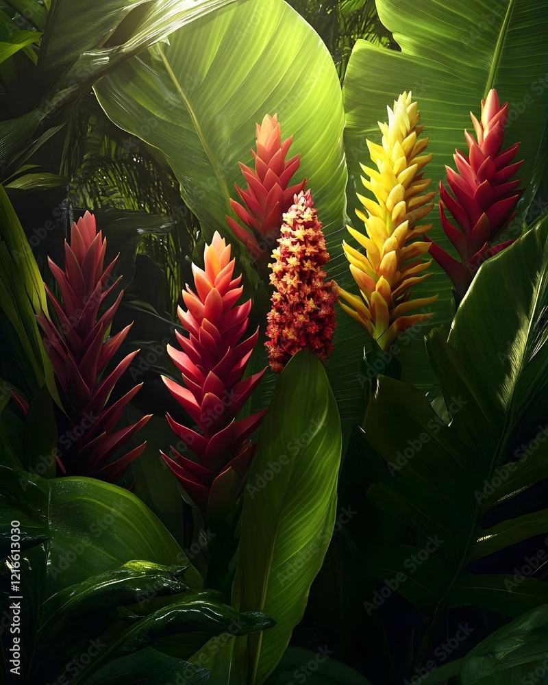 Obraz premium A vibrant display of tropical flowers amidst lush green foliage.