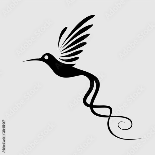 Elegant hummingbird silhouette with artistic wings and flowing tail in a black-and-white vector style. A stunning minimalist illustration perfect for logos, branding, tattoos, and nature-inspired desi