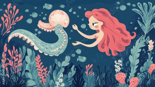 Redhead Mermaid Befriends An Octopus In The Ocean Depths photo