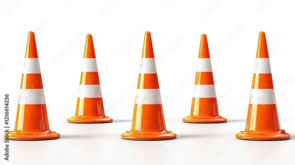 Orange traffic cones row, white background, safety, construction Orange traffic cones row, white background, safety, construction