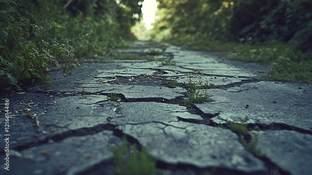 Fototapeta premium Cracked Roadway Overgrown With Lush Green Vegetation