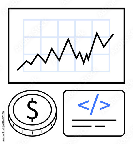 Rising line graph with coin and code snippet highlights financial trends, analytics, and technology synergy. Ideal for fintech, coding, economy, investment, business growth, analytics abstract line