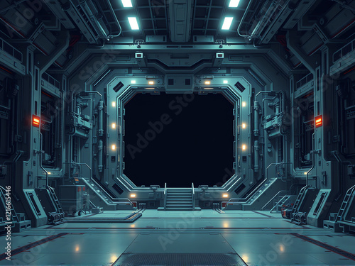 Wallpaper Mural Futuristic interior of a sci-fi spaceship hangar with sleek designs and advanced technology elements illuminated by neon lights Torontodigital.ca