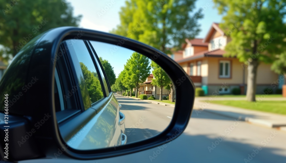 Close-up view of rearview mirror reflecting sunny urban street scene. Street with trees and houses. Perspective of road from inside car. Bright day outdoors. Travel or journey concept. Safe driving Close-up view of rearview mirror reflecting sunny urban street scene. Street with trees and houses. Perspective of road from inside car. Bright day outdoors. Travel or journey concept. Safe driving