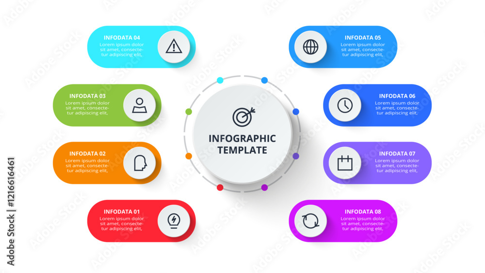 Business data visualization. Process chart. Elements of graph, diagram with 8 steps, options, parts or processes Business data visualization. Process chart. Elements of graph, diagram with 8 steps, options, parts or processes