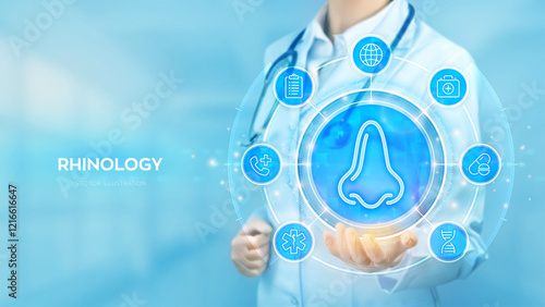 Rhinology. Rhinoplasty surgery. Plastic surgery. Runny nose treatment. Rhinitis, nasal infection, allergy. Doctor holding in hand Nose icon and medical icons network connection. Vector illustration.